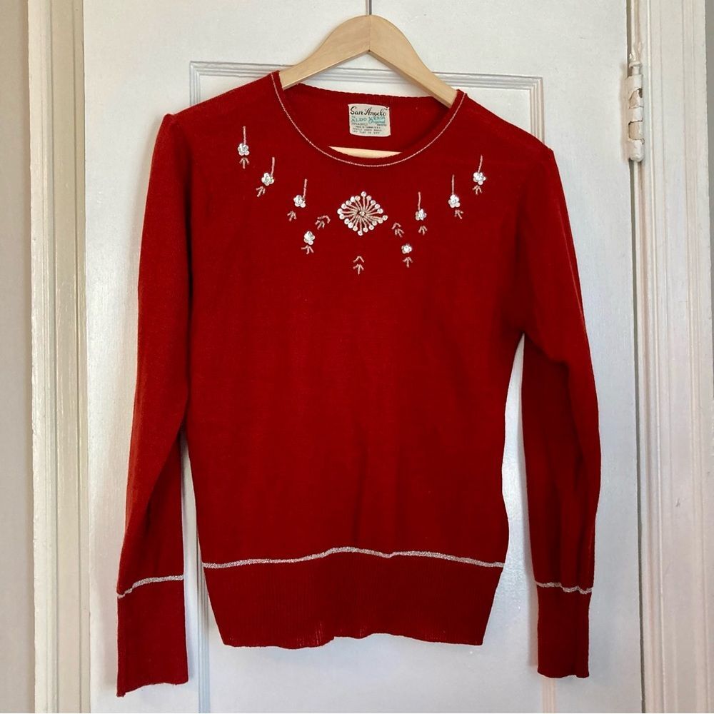 Vintage 1960s Red Sweater with Embellished Neckline Womenโs S/M